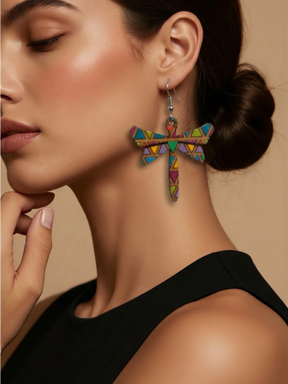 Colorful Dragonfly Geo-Pattern Wodden Drop Earrings - Women Jewelry
